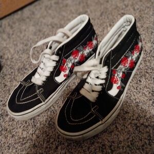 Vans Black and White High-Tops with Red Floral Design